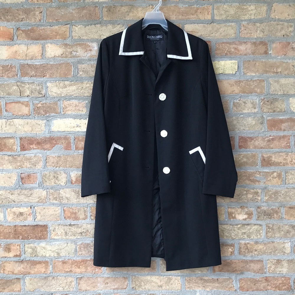 Simon Chang Black Coat with White Trim & flower buttons